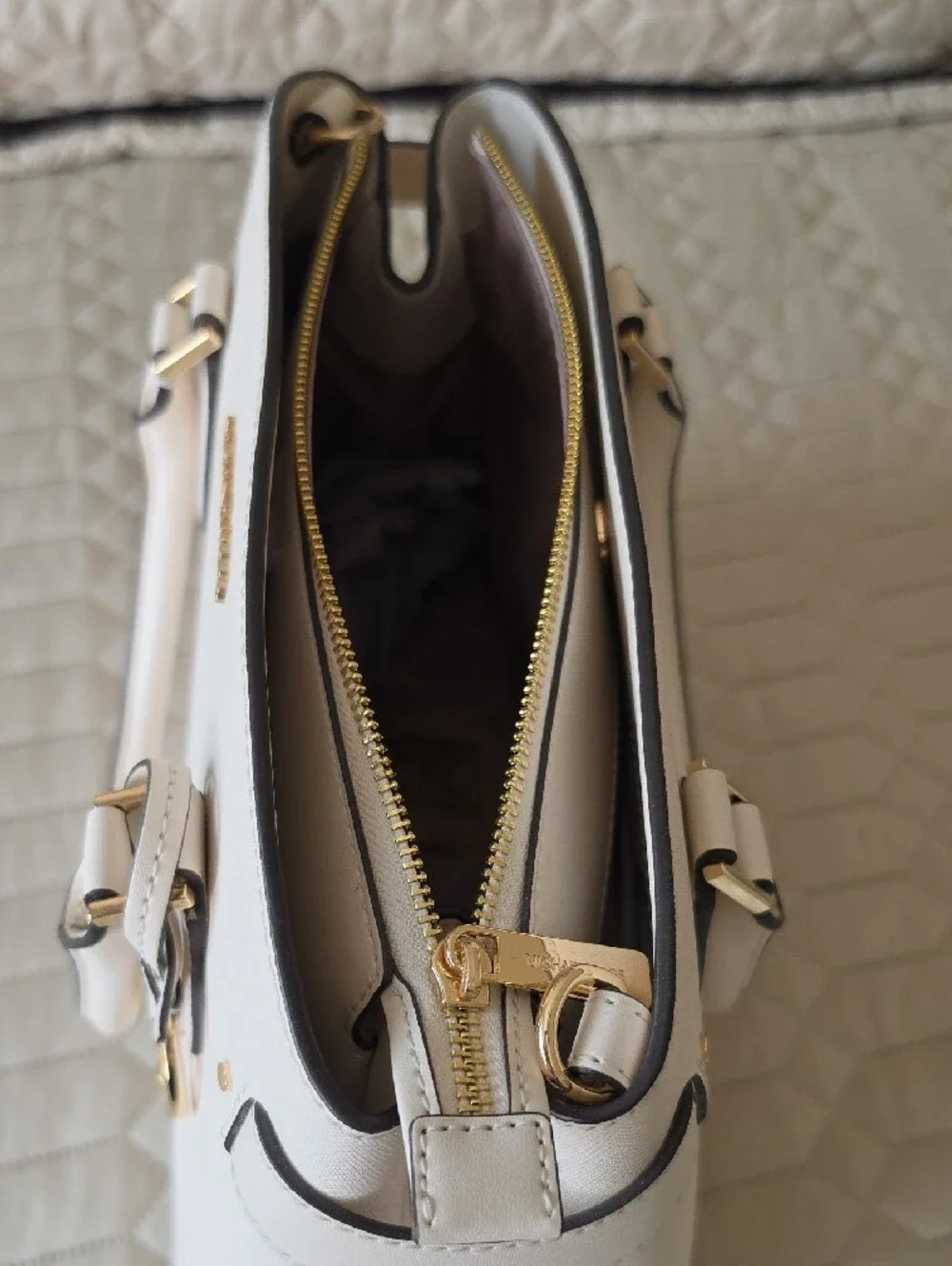 Michael Kors White Saffiano Satchel with Gold Hardware